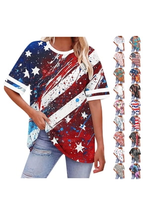 Plus Size Top for Women Stars and Stripes Print Oversized Tshirts Casual Round Neck Summer Graphic Tees S-5XL