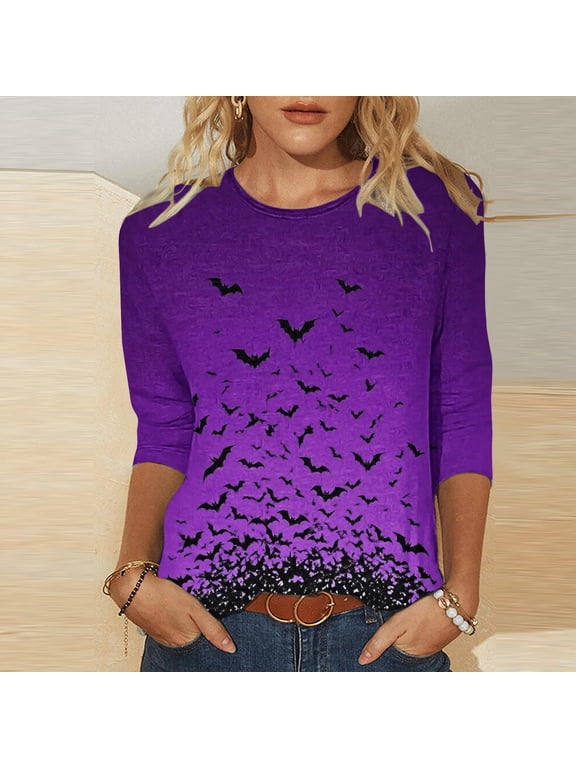 Plus Size Women's Tshirts 3/4 Sleeve Crew Neck Black Bats Print Spooky Halloween Lightweight Tees S-5XL