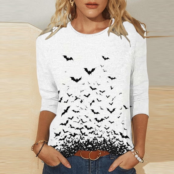 NSLGXD Plus Size Women's Tshirts 3/4 Sleeve Crew Neck Black Bats Print Spooky Halloween Lightweight Tees S-5XL