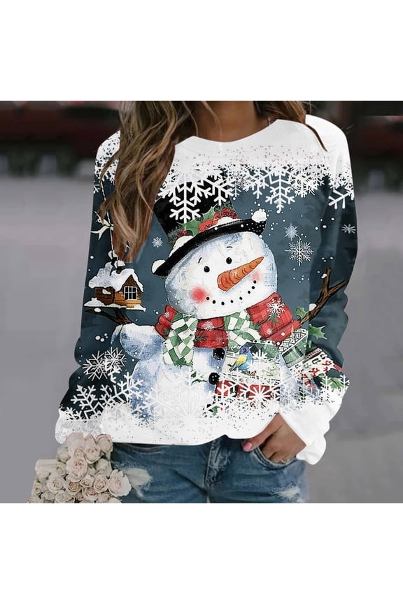 Plus Size Womens Christmas Sweatshirt Long Sleeve Loose Fit Tunic Tops Snowman Snowflake Print Cozy Pullover Funny Holiday Graphic Top