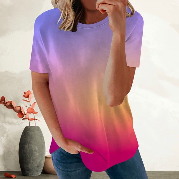 NSLGXD Plus Size Womens Tops Gradient Color Short Sleeve Oversized T-Shirts Round Neck Loose Fit Basic Tee Shirts Purple Shirts,Size S-5XL