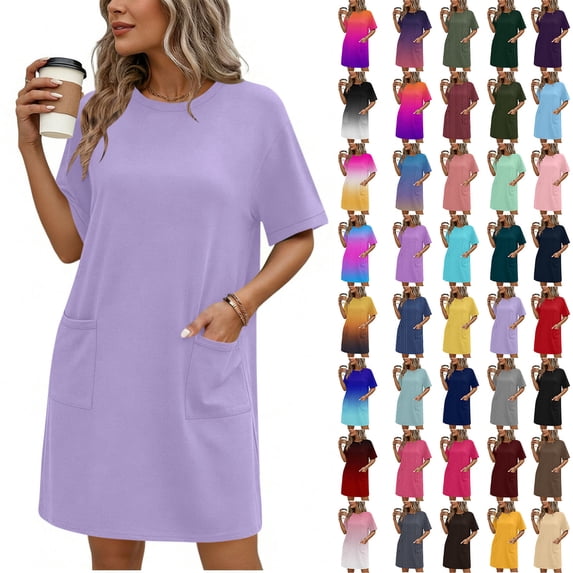 NSLGXD Polka Dot Short Sleeve T-Shirt Dresses for Women Soft Stretchy Cotton Blend Casual Dresses Summer Crew Neck Vacation Beach Tunic Dress Yellow Dress,Size S-2XL