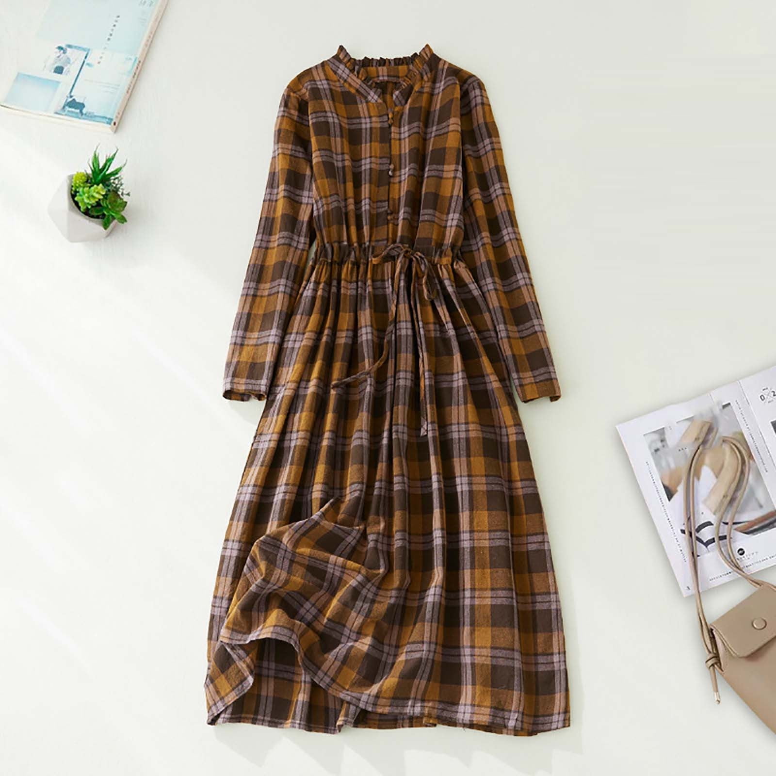 NSLGXD Retro Plaid Midi Dress for Women Fall Cotton Linen Lace Up Button  Dresses Casual Loose Long Sleeve Flowy Vintage Dress - Walmart.com