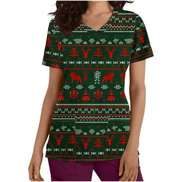 NSLGXD Scrub Clearance for Women Print Short Sleeve V Neck Scrub Tops Halloween Ghost Pattern Nursing Shirts Working Uniform Blouses with Pockets