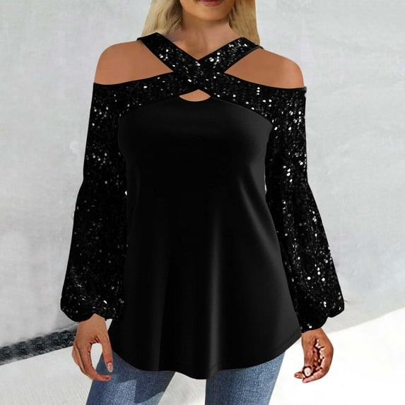 NSLGXD Sequin Tops Womens Vintage Off Shoulder Long Sleeve Shirts Flowy Sequin Patchwork Tunic Blouse Sparkly Bling T-Shirts Party Outfits