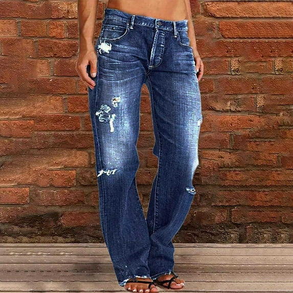 NSLGXD Straight Leg Jeans for Women Button Low Rise Ripped Jeans Plus Size Boyfriend Distressed Denim Pants with Pockets