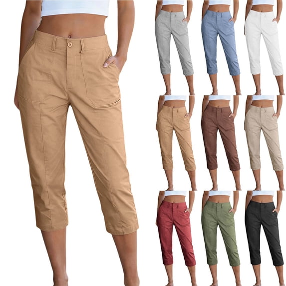 NSLGXD Straight Leg Work Pants for Women Plus Size Slim Fit Cropped Trousers Solid Color Durable Utility Capri Pants with Pockets S-3XL Army Green Capris for Women