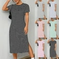 thumbnail image 1 of NSLGXD Striped Graphic Tee Shirt Dresses for Women Short Sleeve Round Neck Casual House Dress Loose Fit Cocktail-Length Lightweight Dress with Side Split Hot Pink Dress,Size S-3XL, 1 of 7
