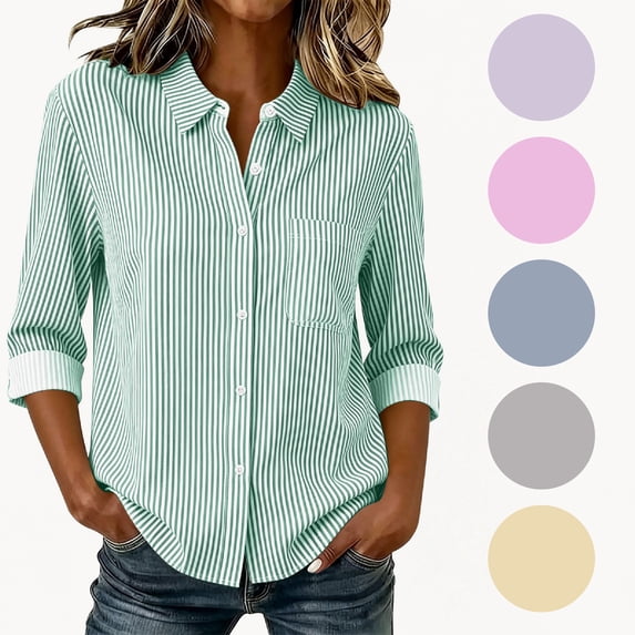 NSLGXD Striped Shirt Women Long Sleeve Rolled Up Button Down Shirts Fall Lightweight Dressy Casual Work Collared Tops with Chest Pocket XS-2XL