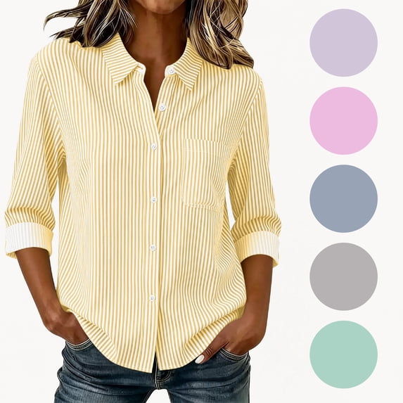 NSLGXD Striped Shirt Women Long Sleeve Rolled Up Button Down Shirts Fall Lightweight Dressy Casual Work Collared Tops with Chest Pocket XS-2XL