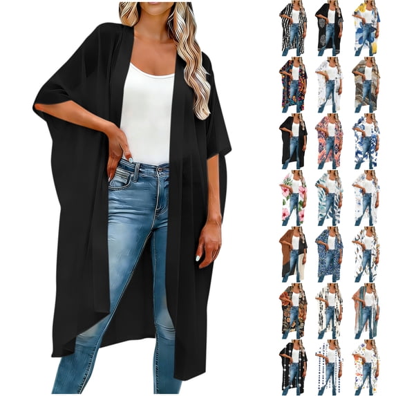 NSLGXD Summer Bikini Kimono Bathing Suit Cover Ups for Women Plus Size Open Front Long Cardigan Casual Loose Swimsuit Coverups Black Cover Ups,Size S-5XL