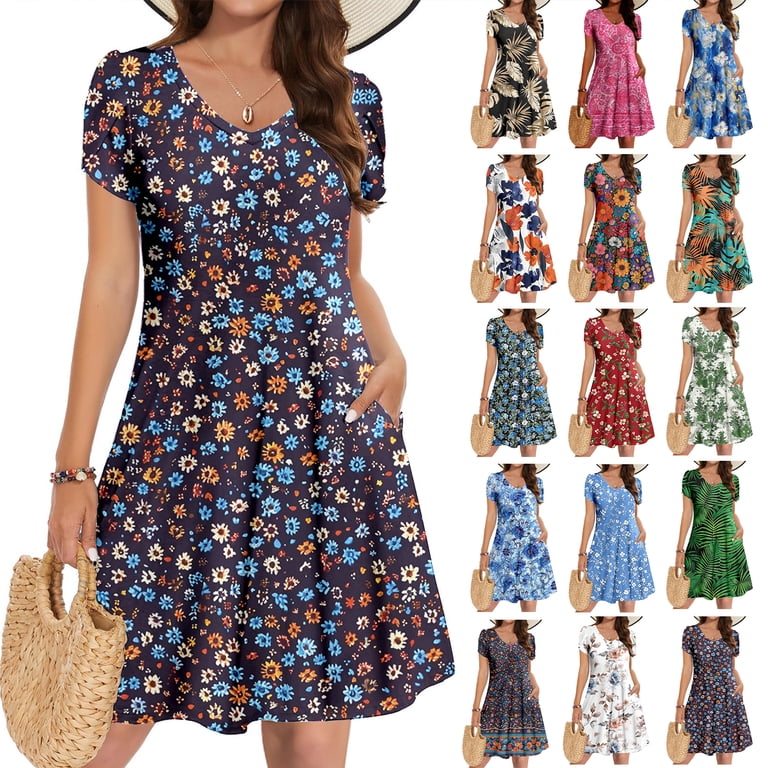hawaiian t shirt dress NSLGXD Summer Boho Hawaiian Dress Women Short Sleeve V Neck Funny Graphic  Tee Shirt Dresses Vacation Beach Casual A Line Mini Dress with Pockets