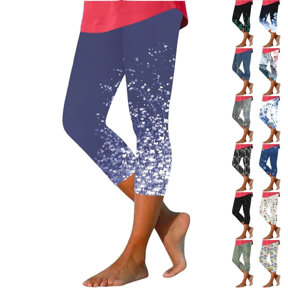 NSLGXD Summer Cropped Leggings Women Floral Print High Waisted Tummy Control Athletic Running Capris Slim Fit Plus Size Yoga Pants S-4XL