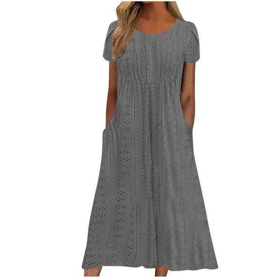NSLGXD Summer Eyelet Midi Dresses for Women 2025 Petal Short Sleeve Crew Neck Empire Waist Dresses Loose Comfy A-Line Dresses Vacation Beach Sundress with Pockets