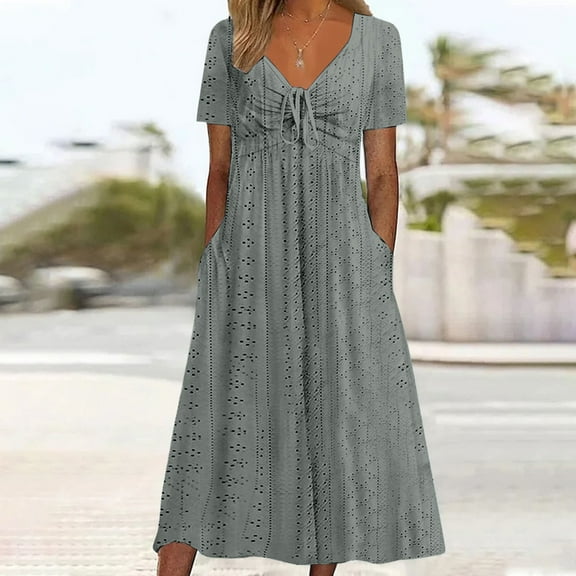 NSLGXD Summer Eyelet Midi Dresses for Women 2025 Short Sleeve V Neck Tie Waist Dresses Pleat Loose Comfy A-Line Dresses with Pockets