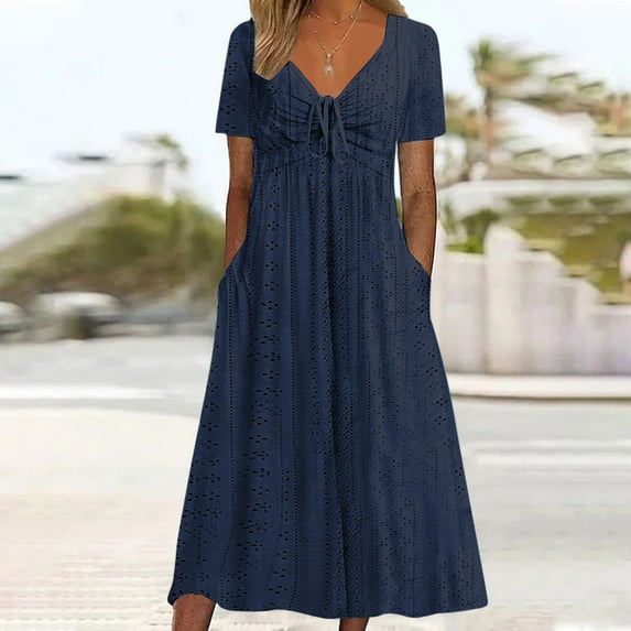 NSLGXD Summer Eyelet Midi Dresses for Women 2024 Short Sleeve V Neck Tie Waist Dresses Pleat Loose Comfy A-Line Dresses with Pockets