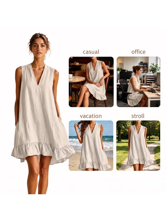 Summer Flowy Mini Dresses for Women 2026 Sleeveless V Neck Linen Cotton Dress Vacation Beach Casual A-Line Swing Dress with Ruffle Hem S-2XL