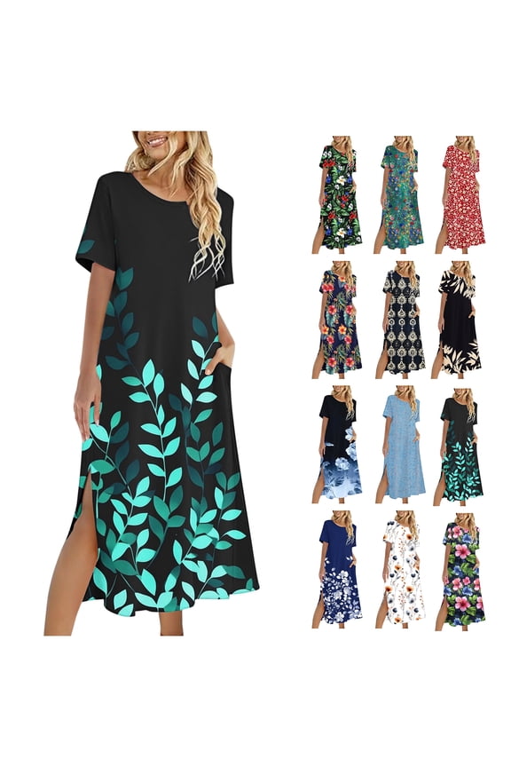 Summer Lightweight Maxi Dress for Women Short Sleeve Crew Neck Loose Tropical Dresses Leaf Print Side Split Black Dress with Pockets ,Size S-2XL