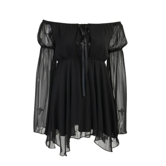 NSLGXD Summer Off Shoulder Mini Dresses for Women Bell Sleeve Lace Up High Waist Party Dress Retro Flowy Sheer Mesh Travel Mini A Line Dress