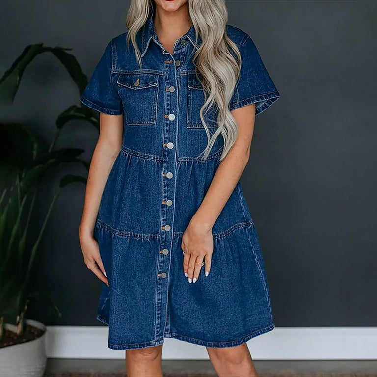 NSLGXD Summer Pleated Tiered Denim Dresses for Women 2024 Trendy Short Sleeve Turndown Collar Button Down Dresses Casual Loose Jean Dress with Pockets