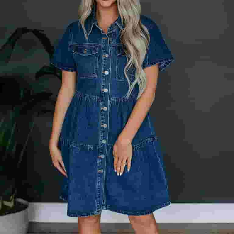 Casual Solid Color Distressed Pocket Ruffle Turndown Collar Short Sleeve Denim Dresses Casual Solid Color Distressed Pocket Ruffle Turndown Collar Short Sleeve Denim Dresses
