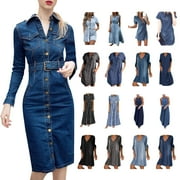 NSLGXD Summer Pleated Tiered Denim Dresses for Women 2025 Trendy Short Sleeve Turndown Collar Button Down Dresses Casual Loose Jean Dress with Pockets