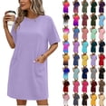 thumbnail image 1 of NSLGXD Summer Short Sleeve Tshirt Dresses for Women Soft Stretchy Casual Shift Dress Solid Color Loungewear Nightgowns with Pockets Hot Pink Dress,Size S-2XL, 1 of 7