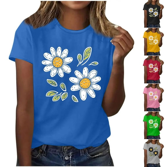NSLGXD Summer T-Shirts for Women Graphic Tees Short Sleeve Round Neck Shirts Trendy Sunflower Print Casual Tshirt Going Out Tops for Women