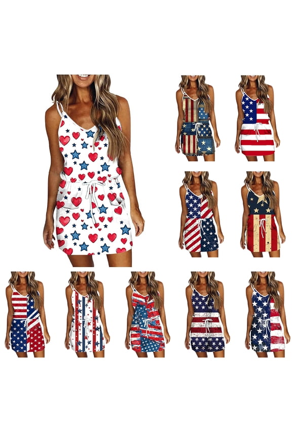Summer Vacation Dresses for Women 4th of July Patriotic Holiday Cami Dress Sleeveless Adjustable Straps Slip Dress Drawstring Waist Mini Dress Blue Dress,Size S-2XL