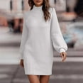thumbnail image 1 of NSLGXD Sweater Dresses for Women Casual Mock Neck Long Puff Sleeve Soft Knitted Bodycon Pullover Mini Sweater Dress Solid Warm Ribbed Knit Tunic Dress, 1 of 6
