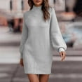 thumbnail image 1 of NSLGXD Sweater Dresses for Women Casual Mock Neck Long Puff Sleeve Soft Knitted Bodycon Pullover Mini Sweater Dress Solid Warm Ribbed Knit Tunic Dress, 1 of 7