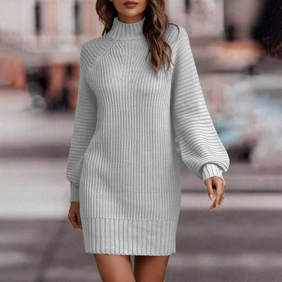 NSLGXD Sweater Dresses for Women Casual Mock Neck Long Puff Sleeve Soft Knitted Bodycon Pullover Mini Sweater Dress Solid Warm Ribbed Knit Tunic Dress