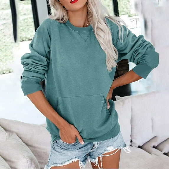 NSLGXD Sweatshirt for Women Casual Crewneck Long Sleeve Pullover Comfy Kangaroo Pockets Tops Classic Solid Color SweatshirtS 2025 Fall Winter Clothes