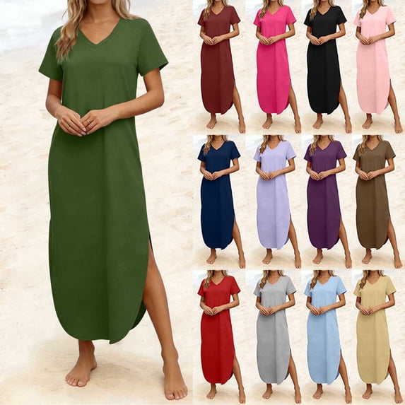 NSLGXD T-Shirt Dresses for Women Short Sleeve V Neck Summer Beach Sundress Soft Lightweight Casual Lounge Dresss with Side Slit and Pockets Red Dress,Size S-2XL