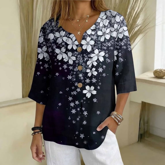 NSLGXD T-Shirts for Women 3/4 Sleeve Loose Fit Graphic Tees Dressy Casual Notch V Neck Floral Elegant Work Blouses S-2XL