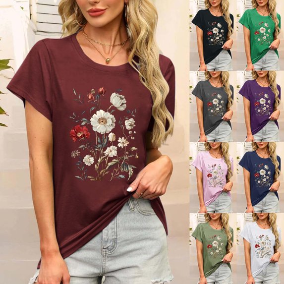 NSLGXD T Shirts for Women Casual Crew Neck Short Sleeve Blouses Plus Size Graphic Tees Lightweight Athletic Tshirts S-2XL Black Top