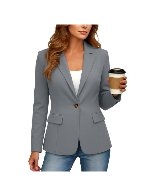 Tailored Jackets for Women Dressy Casual Notched Lapel Long Sleeve Fall Blazers Slim Fit One Button Work Office Suit Coat with Pockets S-2XL