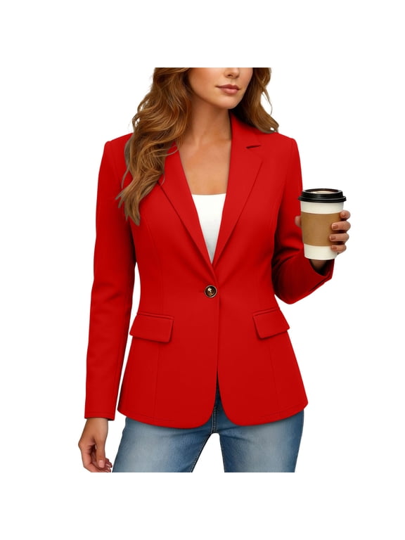 Tailored Jackets for Women Dressy Casual Notched Lapel Long Sleeve Fall Blazers Slim Fit One Button Work Office Suit Coat with Pockets S-2XL