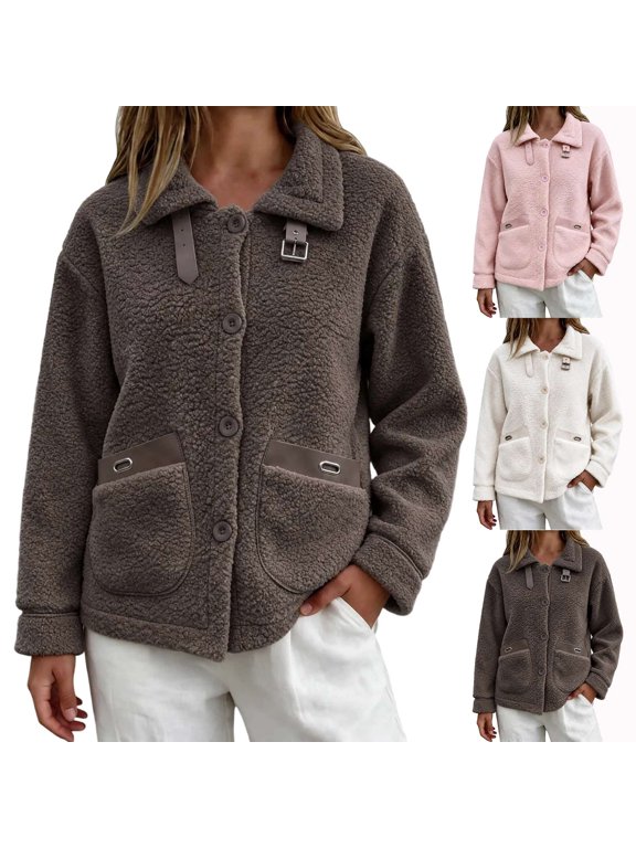 Teddy Fleece Shacket for Women Lapel Collared Button Down Warm Coats Long Sleeve Loose Cozy Fall Shirt Jackets with Pockets S-3XL