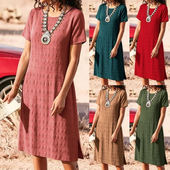 NSLGXD Textured T Shirt Dress for Women Crew Neck Short Sleeve Summer ...
