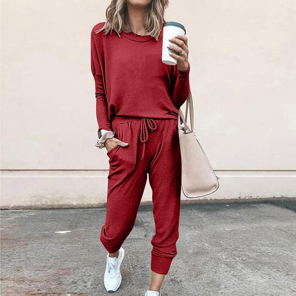 NSLGXD Tracksuit Jogger Outfits for Women Two Piece Sets Comfy Round Neck Long Sleeve Tops Drawstring Elastic Waist Pants Straight Leg Sweatsuit Fashion Solid Print Suits 2025