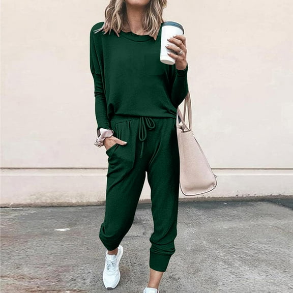 NSLGXD Tracksuit Jogger Outfits for Women Two Piece Sets Comfy Round Neck Long Sleeve Tops Drawstring Elastic Waist Pants Straight Leg Sweatsuit Fashion Solid Print Suits 2025