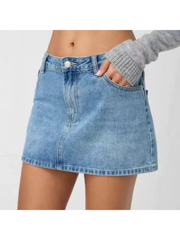Trendy Denim Mini Skirt for Women High Waisted Casual Jean Skirts Button Closure Streetwear Short Skirt with Pockets S-XL