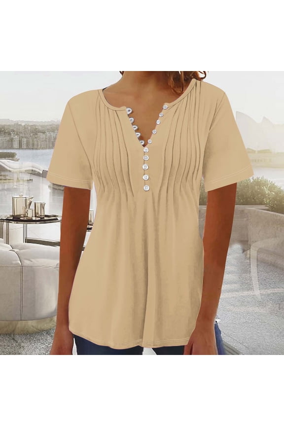 Tunic Tops for Women 2025 Summer Short Sleeve Shirts Pleated Hide Belly T-Shirts Button V Neck Henley Tops Casual Empire Waist A-Line Blouses