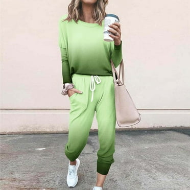NSLGXD Two Piece Outfits for Women 2024 Plus Size Gradient Color Sets Casual Long Sleeve Tops Drawstring Elastic Waist Sweatpants Sets Gym Workout Tracksuits