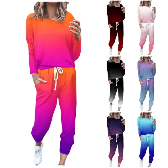 NSLGXD Two Piece Outfits for Women Long Sleeve Crew Neck Pullover Tops Drawstring Elastic Waist Pants Sets Tracksuits Sweatsuits with Pockets