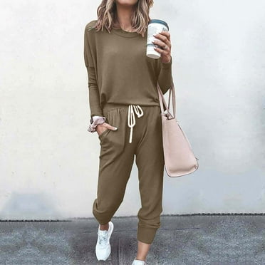 NSLGXD Two Piece Outfits for Women Long Sleeve Crew Neck Pullover Tops Drawstring Elastic Waist Pants Sets Tracksuits Sweatsuits with Pockets
