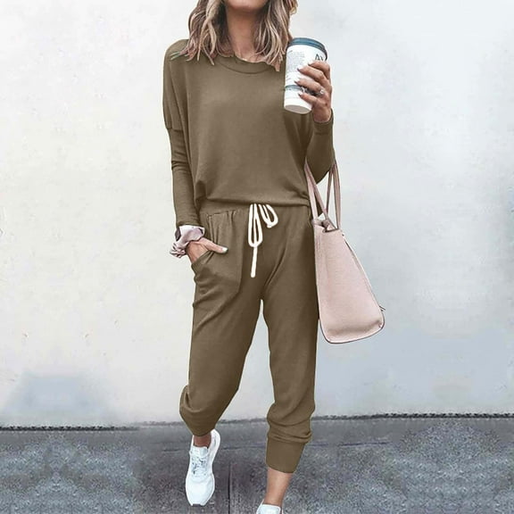 NSLGXD Two Piece Outfits for Women Long Sleeve Crew Neck Pullover Tops Drawstring Elastic Waist Pants Sets Tracksuits Sweatsuits with Pockets