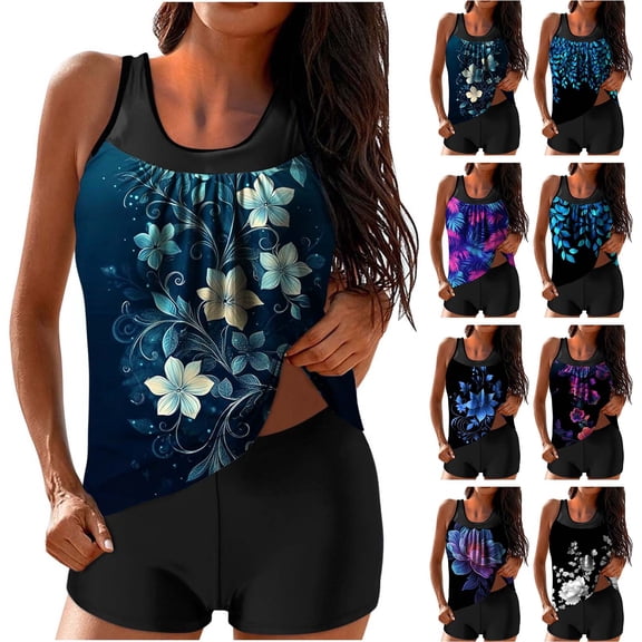 NSLGXD Two Piece Tankini Swimsuits for Women Tummy Control Slim Fit Tankini with Shorts Summer Pleated Floral Graphic Bathing Suits Multicolor S