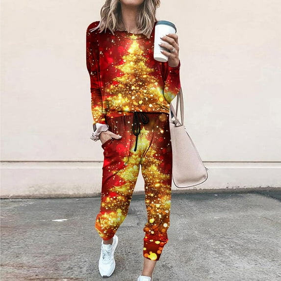 NSLGXD Two Piece Tracksuits for Women Christmas Sets Long Sleeve Crew Neck Sweatshirt and Drawstring Jogger Sweatpants Outfits Sparkly Xmas Tree Print Tracksuit